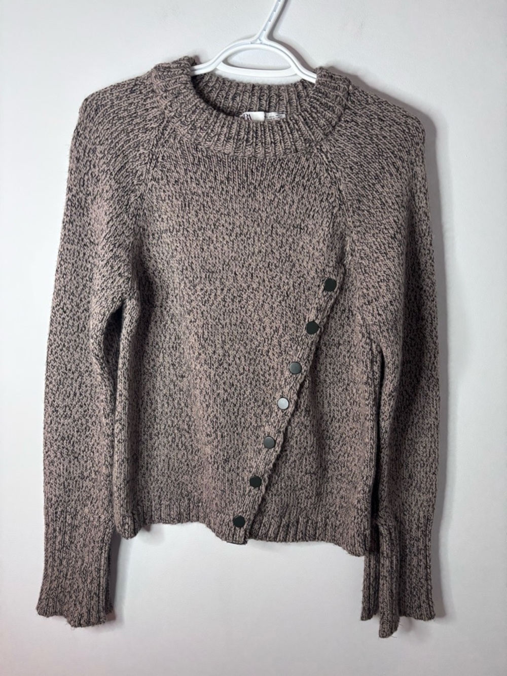 Zara Taupe Marled Asymmetrical Button-Front Turtleneck Sweater - Picture 2 of 7